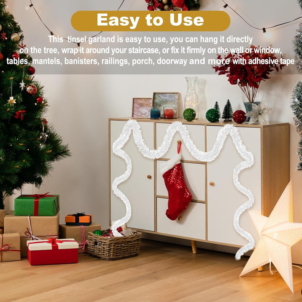 50 Feet Macaron White Christmas Tinsel Garland, Metallic Foil Twist Garland Wall Hanging Tinsel Banner Backdrop for Parade Floats, Easter, Mother's Day, Wedding Party Decorations (2in x 50ft)