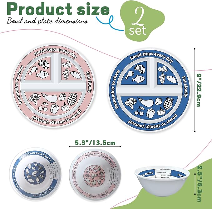 4 Pcs Portion Control Plates & Bowls Set (2 Plates + 2 Bowls, 9 Inch) - Self-Measuring for Weight Loss, Gastric Bypass, LapBand, Diabetes & Healthy Diets, Pink & Blue, for Adults & Children-PawvioPets