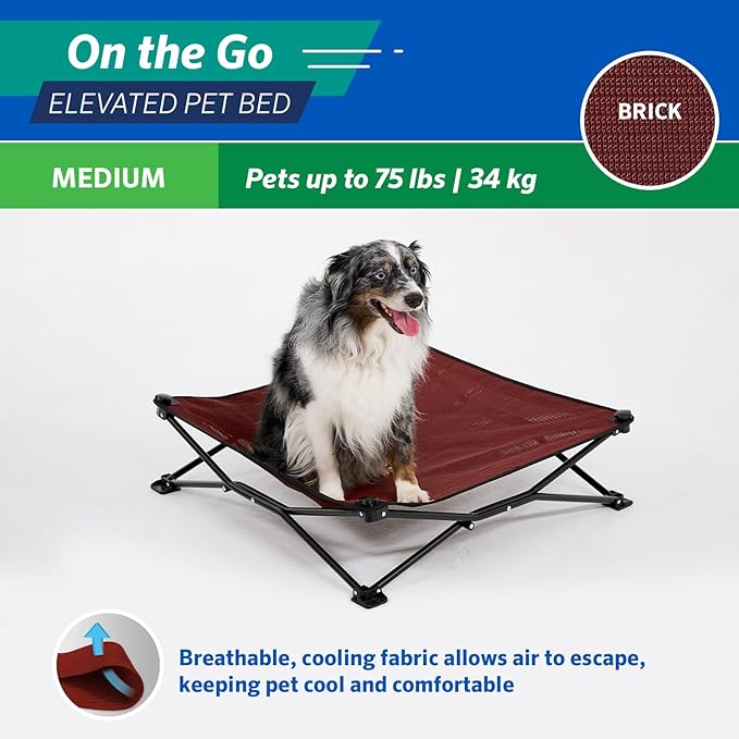 Coolaroo On-The-Go Elevated Dog Bed - Foldable Pop-Up Travel Dog Bed with Breathable, Moisture-Resistant Fabric, Carry Bag Included, Lightweight & Portable, Brick, Medium-PawvioPets