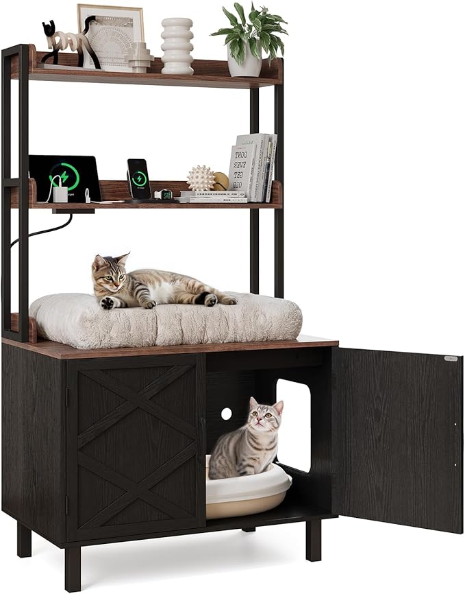 55 Inches Cat Litter Box Enclosure, Hidden Litter Box Furniture with 2 Storage Shelves and Charging Sockets, Wooden Cat House, Large Indoor Cabinet for Living Room & Entryway, Black-PawvioPets
