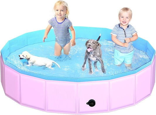 2025 Updated Foldable Dog Pool, 79" x 12" Kiddie Pool with Hard Plastic, Non-Slip Dog Bath Tub for Outdoor Backyard, Collapsible Dog Swimming Pool for Kids Dogs Pets (Pink)-PawvioPets