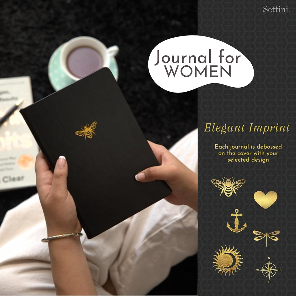 SETTINI Lined Journal, Ideal for Journaling - A5 Vegan Leather Notebook, 192 Archival-Quality Pages, QuillEase Bleed-Free Paper, Inner Pocket & Bookmark - Bee Gifts, Black Bee