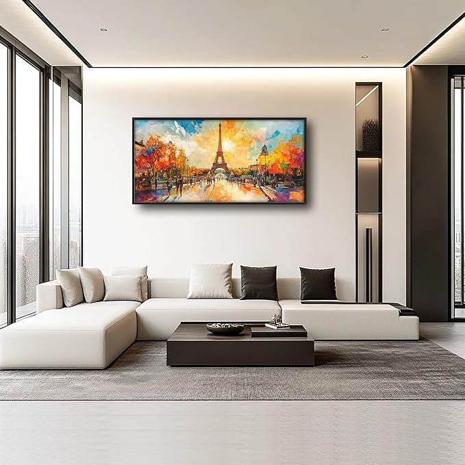 Framed Large Eiffel Tower Wall Art for Living Room, Oversized Paris City Street Landscape Wall Decor, Colorful Sunrise Canvas Painting Modern Artwork for Living Room Bedroom Office 60"x30"-PawvioPets