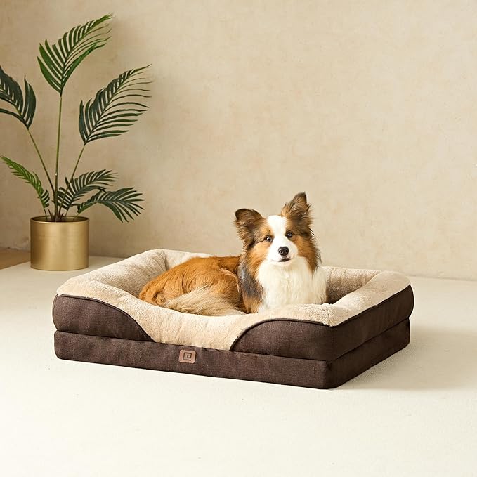 EHEYCIGA Memory Foam Dog Bed for Medium Size, Orthopedic Dog Sofa with Sides and Waterproof Liner, Washable Bolster Pet Bed Couch with Removable Cover, 30x20x6.5 Inch, Brown-PawvioPets