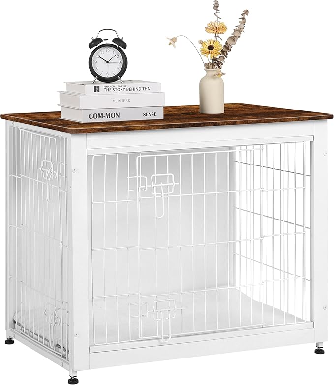 DWANTON Dog Crate Furniture with Cushion, Wooden Kennel Table with Double Doors, Indoor Dog House, Medium Size, 32.5" L, White+Rustic Brown-PawvioPets