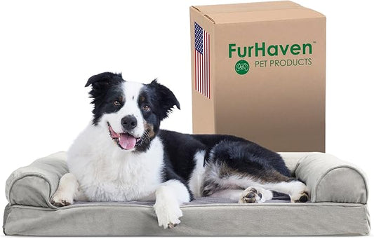 Furhaven Cooling Gel Dog Bed for Large/Medium Dogs w/ Removable Bolsters & Washable Cover, For Dogs Up to 55 lbs - Faux Fur & Velvet Sofa - Smoke Gray, Large-PawvioPets