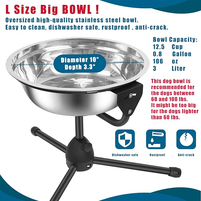 Elevated Dog Bowl with Adjustable Metal Stand,Large Size for Dogs Between 60 and 100 lbs, 0.8 Gal 3 Liter Stainless Steel Dog Food Bowl Water Bowl Height Adjustable Non-Slip Raised Dog Bowl Set-PawvioPets