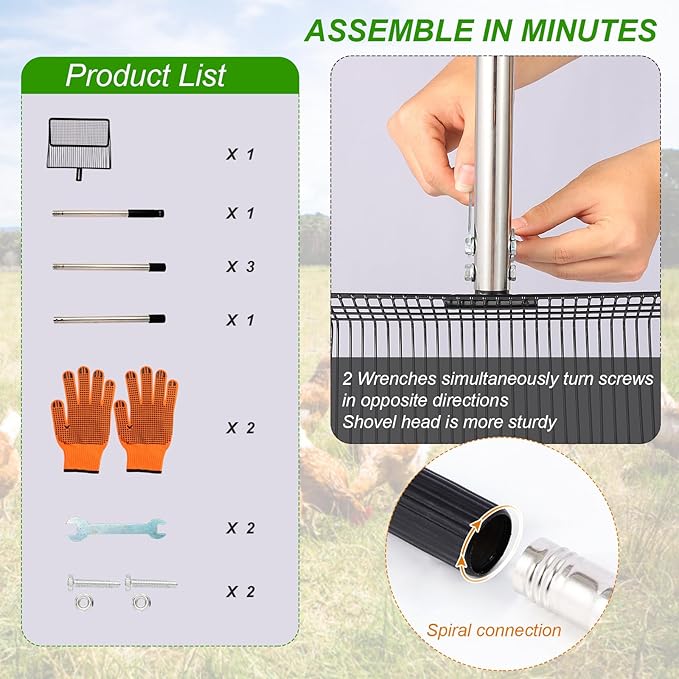 10inch Large Metal Chicken Poop Scooper, 36" to 75" Long Chicken Coop Litter Scoop with Stainless Steel Adjustable Handle, 4 in 1 Detachable Litter Sifting Shovel Scoop for Chicken Coop Accessories-PawvioPets