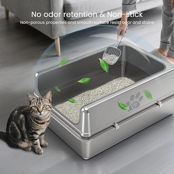 Enclosed Stainless Steel Cat Litter Box with Lid, Oversize Metal Litter Box for Multi Cats, Extra XXL Cat Toilet with High Side, Non-Stick, Anti-Leakage, Odorless, with Cat Litter Mat & Litter Scoop-PawvioPets