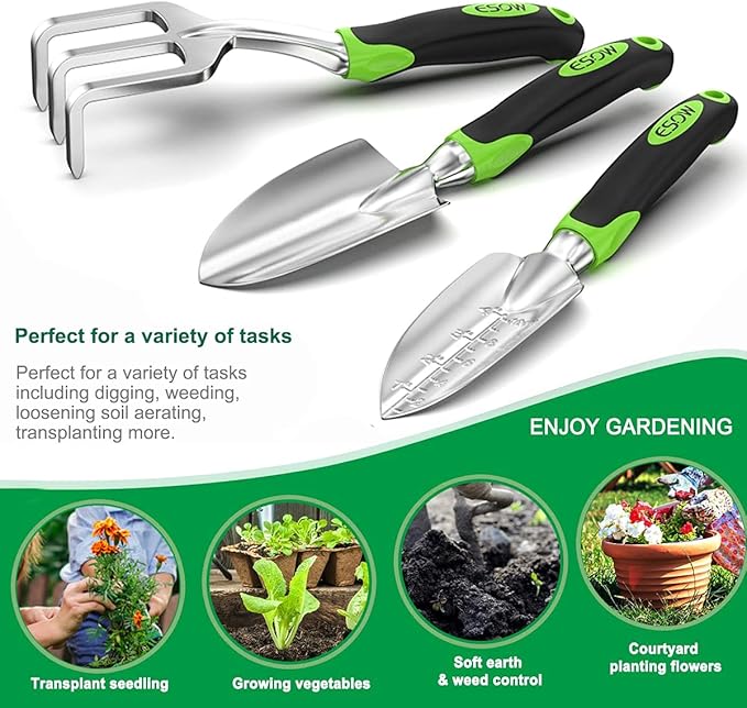 ESOW Garden Tool Set, 3 Piece Cast-Aluminum Heavy Duty Gardening Kit Includes Hand Trowel, Transplant Trowel and Cultivator Hand Rake with Soft Rubberized Non-Slip Ergonomic Handle, Garden Gifts-PawvioPets