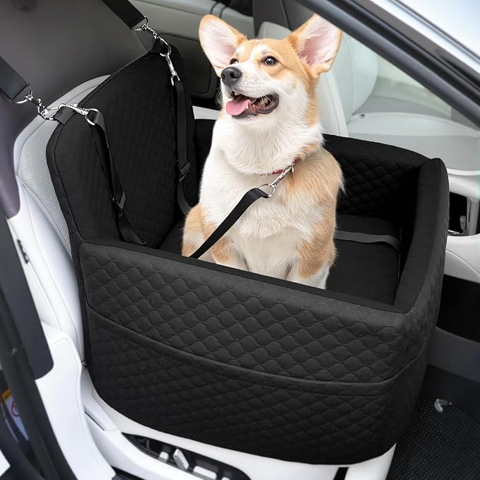 Dog Car Seat for Small & Medium Dogs Under 35lbs, Detachable & Washable Pet Car Seat, Interior Height 6 Inches Pet Travel Bed with Storage Pockets and 2 Dog Safety Belts (Black)-PawvioPets