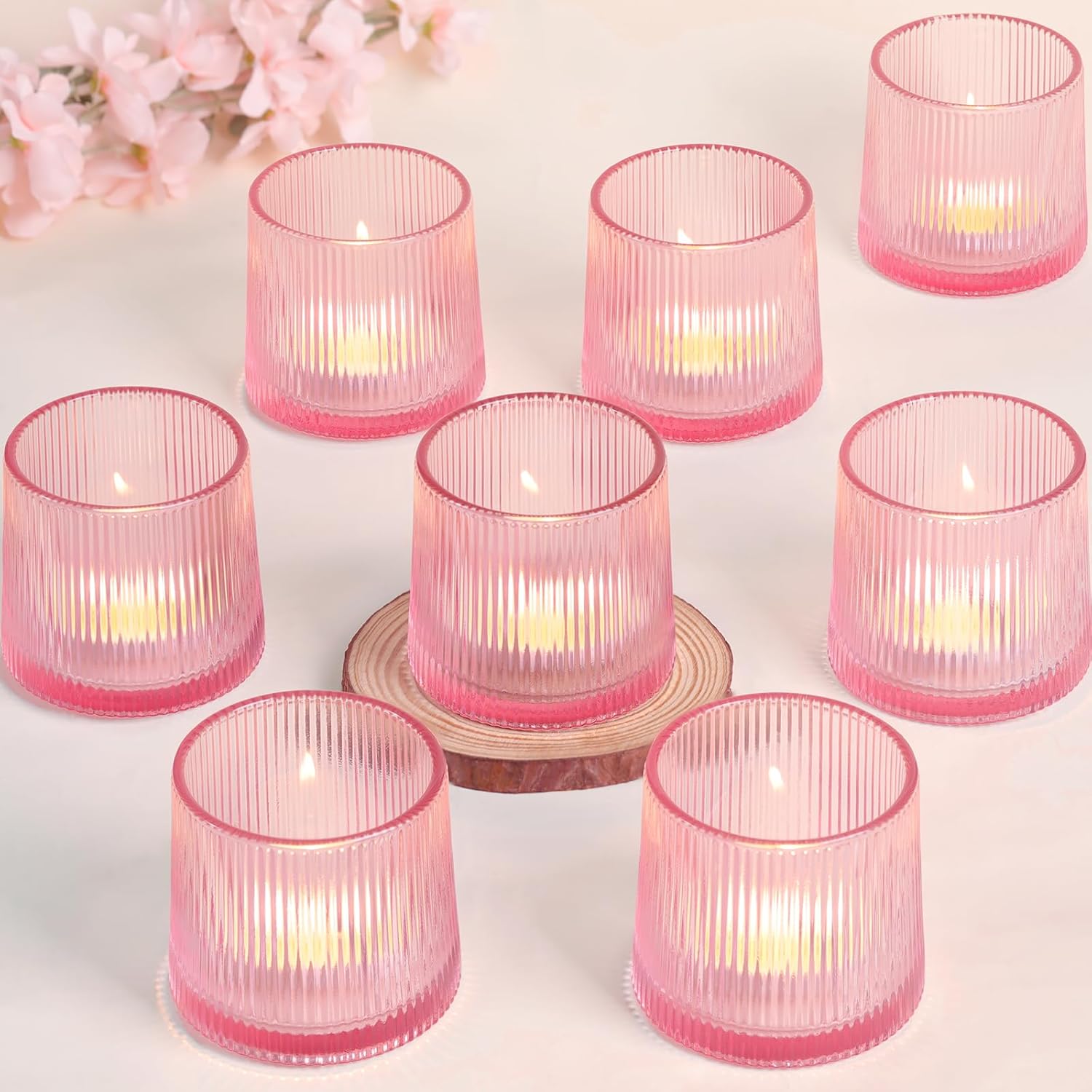 Pink Ribbed Tealight Votive Candle Holders Set of 10- Votive Candle Holders for Table Centerpiece, Tea Light Candle Holder Glass for Wedding and Home Decor, Blue Decor and Gifts