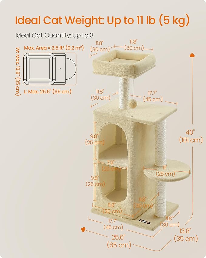 Feandrea Cat Tree Tower with 2 Caves for Multi-Cat Households, Kittens, Scratching Posts, Sand Beige UPCT005Y01-PawvioPets