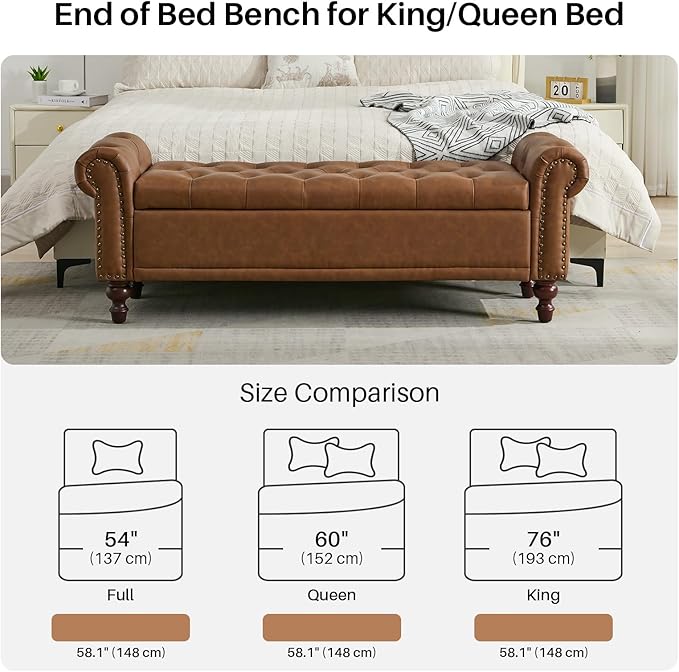 58.1'' Storage Bench Upholstered PU Leather End of Bedroom Bed Bench Ottoman with Tufted Cushioned Rolled Arm Large Storage Space for Reading Living Room Entryway, Brown-PawvioPets