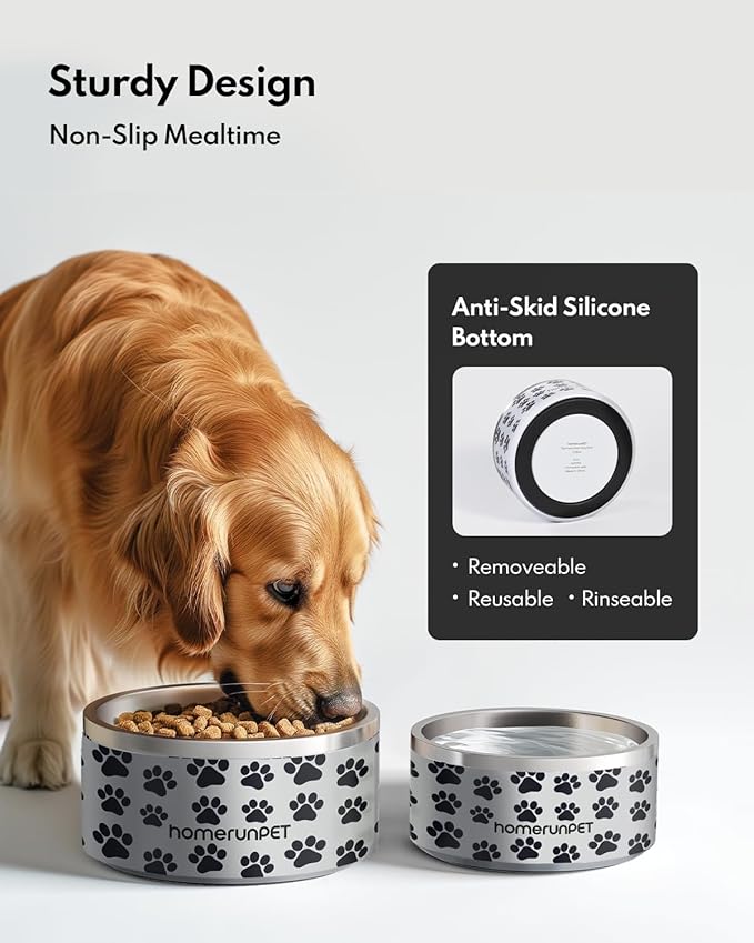 Dog Bowl, HomeRunPet Dog Food Water Bowl with Non-Slip Rubber Base, Metal Insulated Stainless Steel Dog Bowls, Double Wall Dog Bowl for Small Medium Large Dogs, Durable, Dishwasher Safe, 32oz-PawvioPets