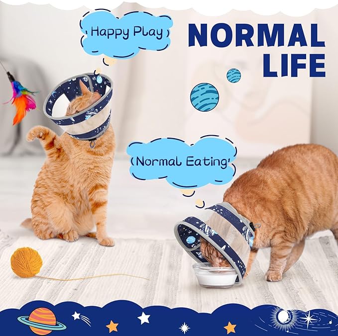 Breathable Air Mesh Cat Cone Collar Soft - Adjustable Recovery Collar to Stop Licking After Surgery, Foldable Lightweight E-Collar for Cats & Kittens (Sky Star, S)-PawvioPets