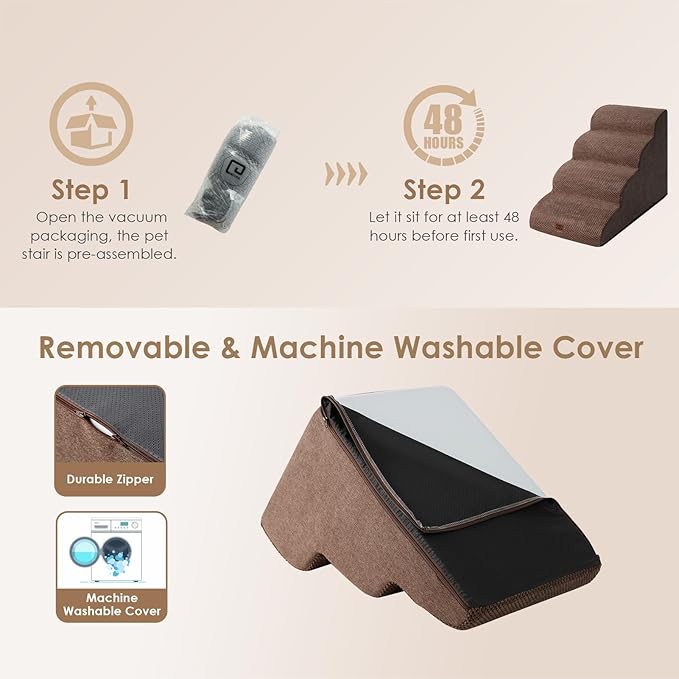 EHEYCIGA Curved Dog Stairs Ramp for High Beds 19.7" H, 4-Step Dog Steps for Small Dogs and Cats, Pet Stairs for High Bed Climbing, Non-Slip Balanced Pet Step Indoor, Brown-PawvioPets