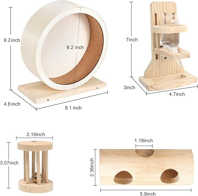 antiai 4 Pack Hamster Wheel Set,8.2Inch Medium Size Slience Quiet Spinner Hamster Running Wheels,Hamster Water Feeder Accessories Chew Toys for Guinea Pig,Gerbils,Mice and Other Small Pets Animal-PawvioPets