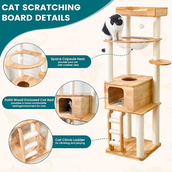 65-inch Tall Cat Tree，Cat Tower for Indoor Cats with Feel-Safe Enclosed Cat Cave、Scratching Post、Space Capsule Nest and Cat Ladder-PawvioPets
