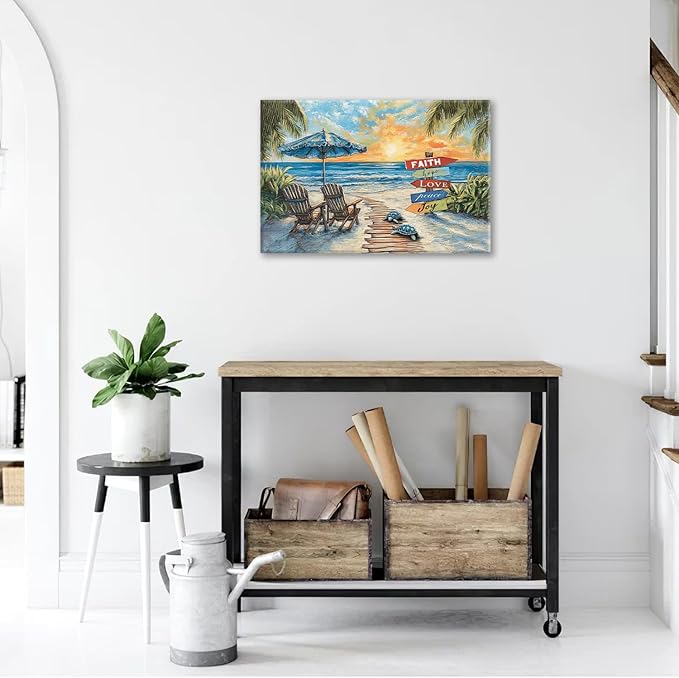 Beach Ocean Bathroom Pictures Wall Art, Seaside Coastal Bathroom Wall Decor, Sunrise Framed Painting Canvas Artwork for Bedroom Living Room Decorations 24"L x 16"W-PawvioPets