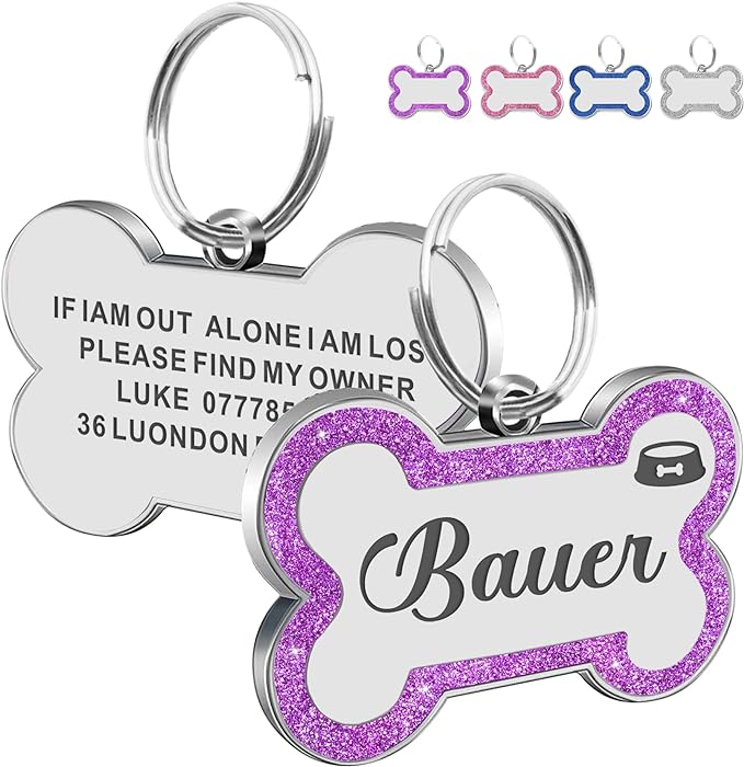 Dog Tags Personalized for Pets Dog Name Tags Personalized Dog Tag Engraved with Any Name & Text Custom Dog ID Tags Glitter Bone ID Tag for Puppy Cat (Purple L, Bone)-PawvioPets
