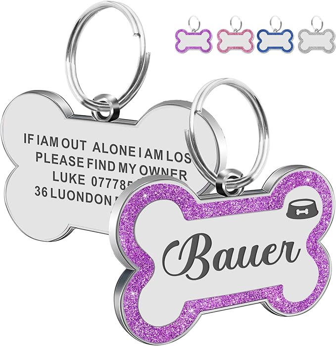 Dog Tags Personalized for Pets Dog Name Tags Personalized Dog Tag Engraved with Any Name & Text Custom Dog ID Tags Glitter Bone ID Tag for Puppy Cat (Purple S, Bone)-PawvioPets