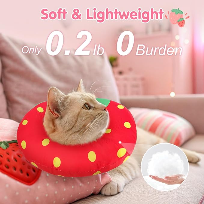 BEAUTYZOO Cat Cone Collars Soft, Cat Recovery E Collars After Surgery to Stop Licking, Adjustable Elizabeth Circle Collar Cute Pet Donut Pillow for Cats Kitten Small Dogs,Strawberry S-PawvioPets