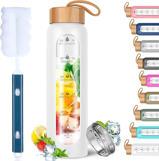 Aqulea Glass Water Bottles 25 Oz with Silicone Sleeve - BPA Free Reusable Wide Mouth Glass Motivational Water Bottles with Fruit Infuser – Leak Proof Borosilicate Water Bottle with Time Marker (White)-PawvioPets