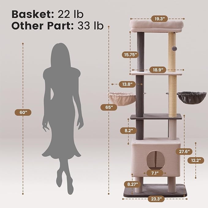 Gardner Pet 65in Heavy Duty Cat Tree Tower for Large Cats, Multi-Level Cat Furniture with Replaceable Sisal Scratching Post, Hammock | Extra-Large Platform & Condo Easy to Clean (Corduroy)-PawvioPets