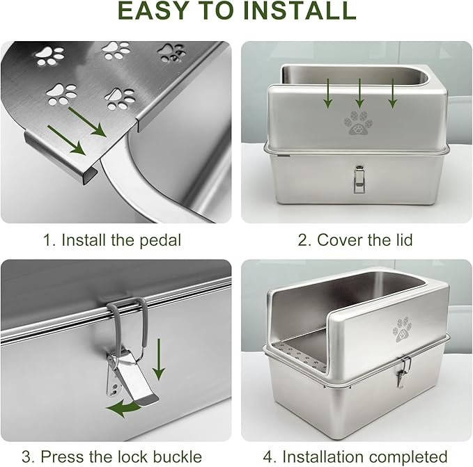 Enclosed Stainless Steel Cat Litter Box with Lid, XL Metal Litter Box for Big Cats, Extra Large Cat Toilet with High Side, Non-Stick, Anti-Leakage, Odorless, with Cats Litter Mat & Litter Scoop-PawvioPets