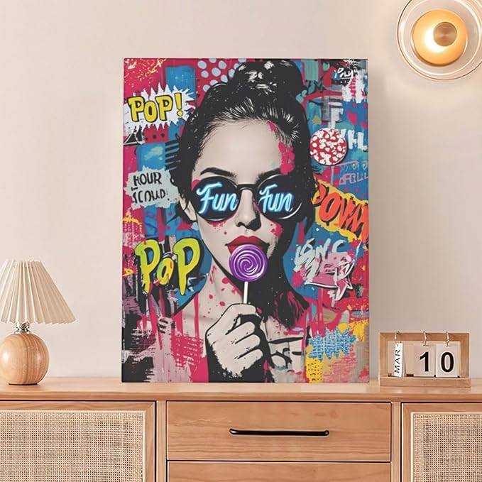 Fashion Women Wall Art Glam Modern Artwork for Girls Banksy Street Graffiti Pop Art Canvas Pictures Painting Print Framed Decorations Gifts for Bedroom Living Room Office 12"x16"-PawvioPets