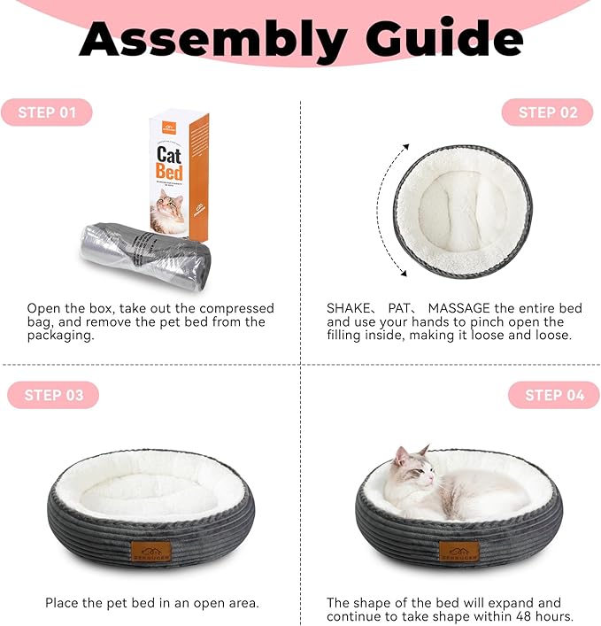 20in Washable Cat Beds for Indoor Cats - Round Donut Pet Bed for Cats, Small Dogs, Puppy, Kitten - Anti-Slip Bottom, Calming Bed Gift - Dark Grey-PawvioPets