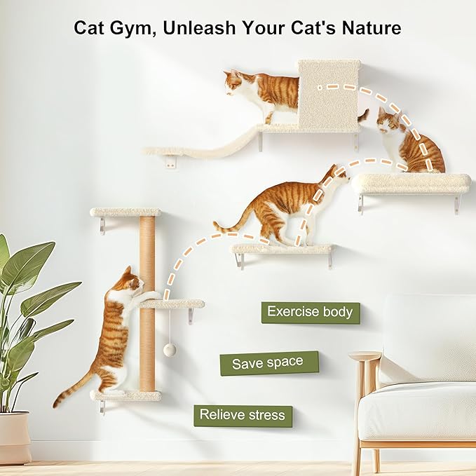 FUKUMARU Cat Wall Shelves, Stable & Safe 4 in 1 Large Cat Walls Furniture Set, Wooden Kitten Climbing Wall with Scratching Post for 16 Inch Drywall - Beige-PawvioPets