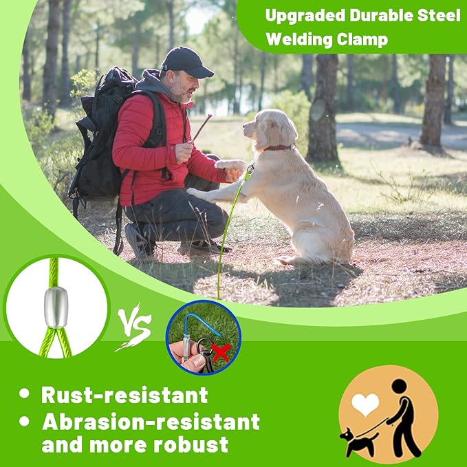 Dog Tie Out Cable 10/15/20/25/30 FT Runner for Yard Steel Wire Cable with Durable Superior Clips Green Chains for Outside Dog Lead for Large Up to 165 Lbs-PawvioPets