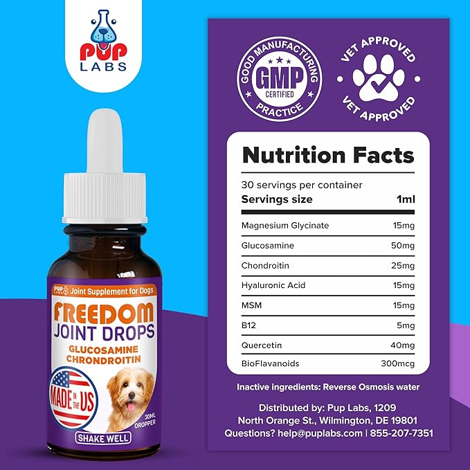 Freedom Joint Drops - Dog Joint Support Supplement with Human-Grade Ingredients - No Fillers, Preservatives, Additives, or Artificial Ingredients, 3 30 ml Droppers-PawvioPets