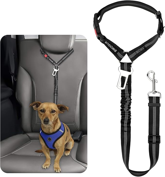 BWOGUE Pet Dog Cat Seat Belt Reflective Car Dog Headrest Restraint Leash Elastic Buffer Bungee Adjustable Tangle-Free Safety Leads Vehicle Seatbelt Harness for Small, Medium and Large Dogs (1 Pack)-PawvioPets