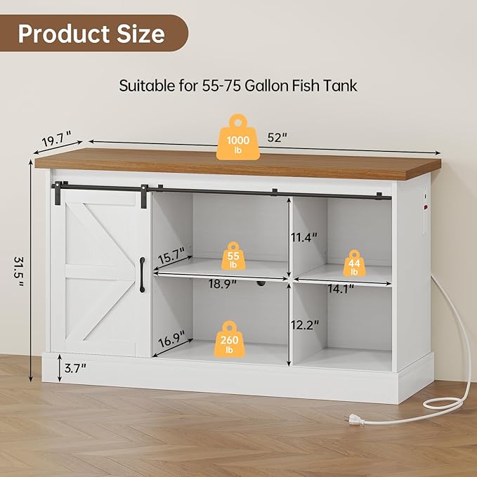 55-75 Gallon Fish Tank Stand with Sliding Barn Doors & Power Outlet, Heavy Duty Aquarium Stand with Cabinet Storage for Fish Tank, Turtle Tank, Reptile Terrarium, 1000LBS Capacity, White-PawvioPets