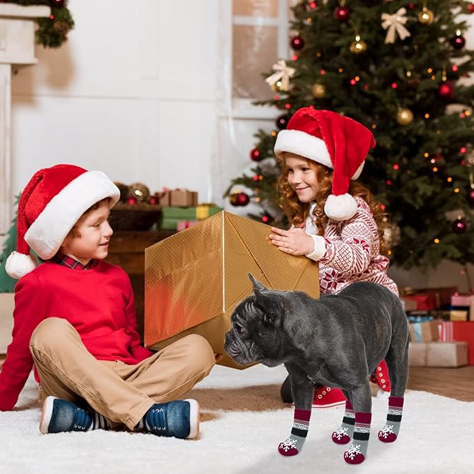 BEAUTYZOO Christmas Winter Anti-Slip Dog Socks with Grips Traction Control for Small Medium Large Dogs, Non Skid Indoor Double Side Pet Paw Protector for Hardwood Floor Wear, Snowflake L-PawvioPets