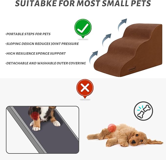 3-Step Dog Ramp and Stairs for Sofa and Chair - Non-Slip Sturdy Pet Steps for Small Dogs and Cats,15.7" H,Brown-PawvioPets