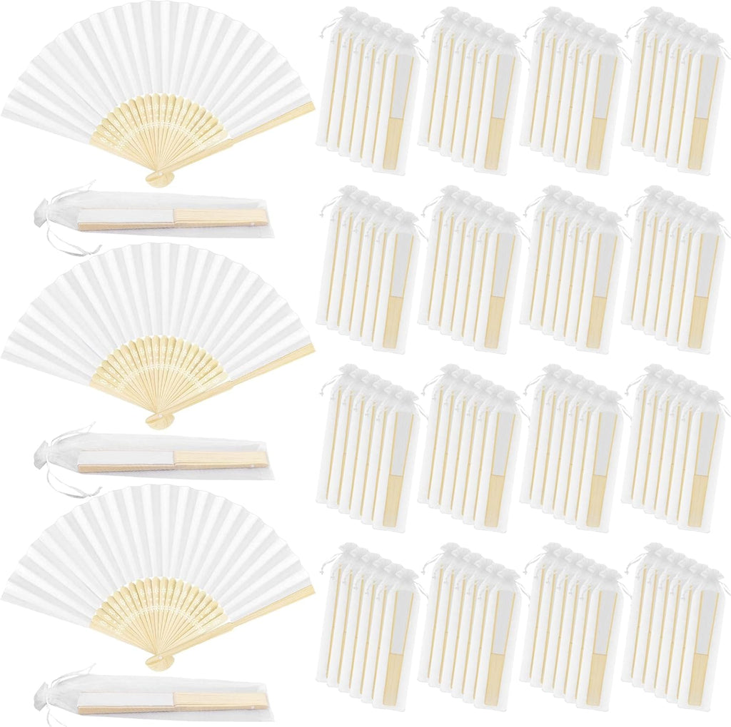 MCEAST 120 Pieces Wedding Handheld Paper Fans White Bamboo Folding Paper Fan with 120 Organza Bags Foldable Cool Wedding Favors Wedding Fans for Guests Party Favors DIY Decoration