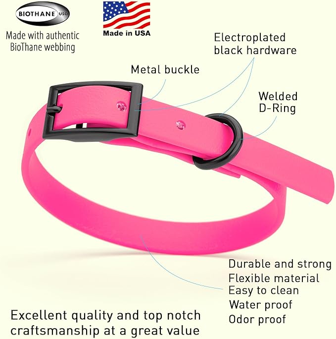 Dogline Biothane Waterproof Dog Collar Strong Coated Nylon Webbing with Black Hardware Odor- Proof for Easy Care Easy to Clean High Performance Fits Small Medium or Large Dogs, Passionfruit Pink-PawvioPets