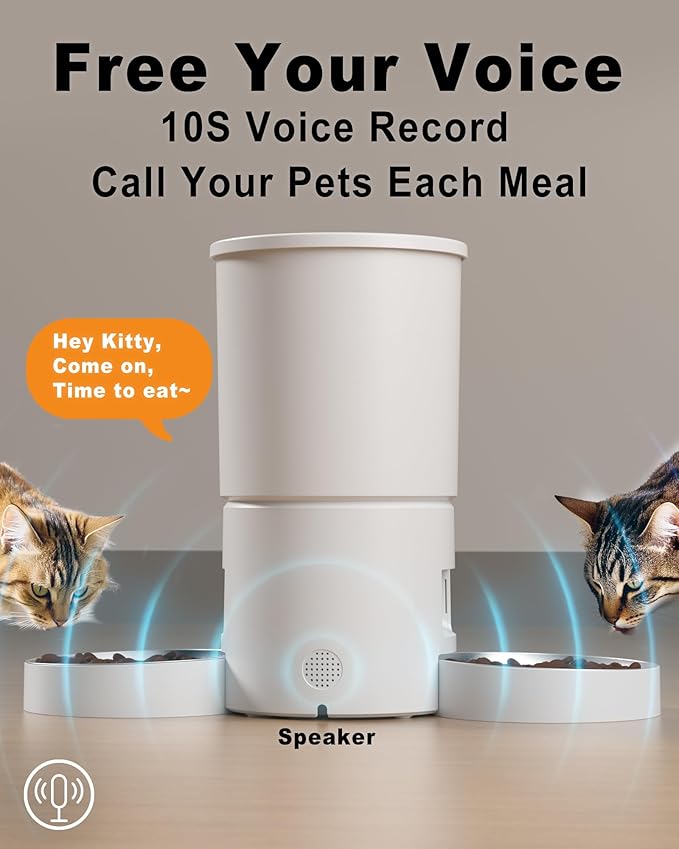 Dual Automatic Cat Feeder 2 Cats,6 Meals/Day,12 Portions/Meal,4.2L Dual Power Double Bowls Feeder,Dry Food Auto Pet Dispenser,10S Voice Record,Flexible Schedule Timer(White,Stainless Dual Bowls)-PawvioPets