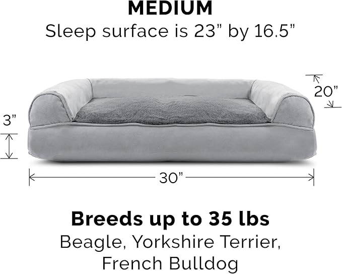 Furhaven Pillow Dog Bed for Medium/Small Dogs w/ Removable Bolsters & Washable Cover - Plush & Suede Sofa - Gray, Medium-PawvioPets