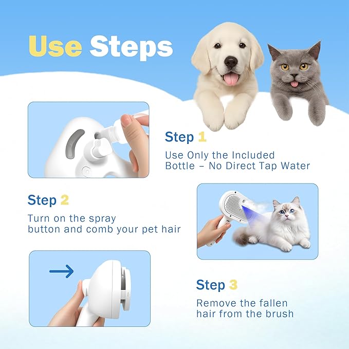 4-in-1 Pet Grooming Steam Brush for Cats & Dogs – Steam Spray, Blue Light, Hair Removal, Self-Cleaning Comb – Includes Pet Waterless Shampoo-PawvioPets