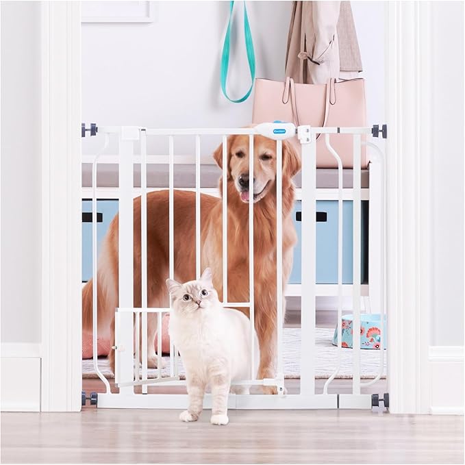 Carlson Extra Wide Walk Through Pet Gate with Small Pet Door, Includes 4-Inch Extension Kit, Pressure Mount Kit and Wall Mount Kit,White-PawvioPets