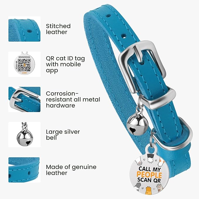 BRONZEDOG Leather Cat Collar with Removable Bells Non Breakaway Kitten QR Tag for Girl Boy (7" - 9" for Cats, Blue & Silver)-PawvioPets