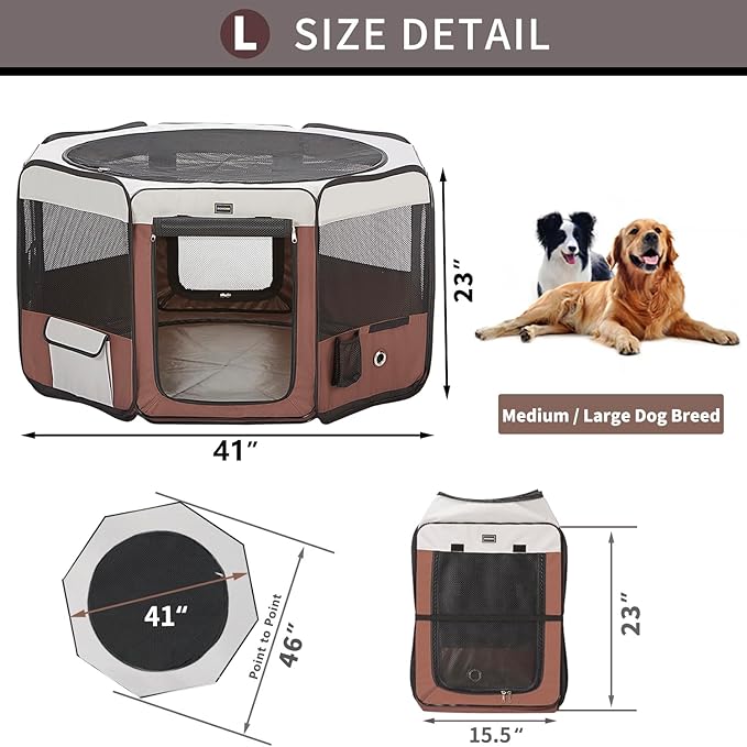 DONORO Dog Playpen 46" Portable Pet Play Pens for Small Medium Dogs, Foldable Exercise Kennel Tent Crate Indoor/Outdoor Travel Camping, Removable Top/Bottom (Brown, Large (46"x46"x23"), 8)-PawvioPets