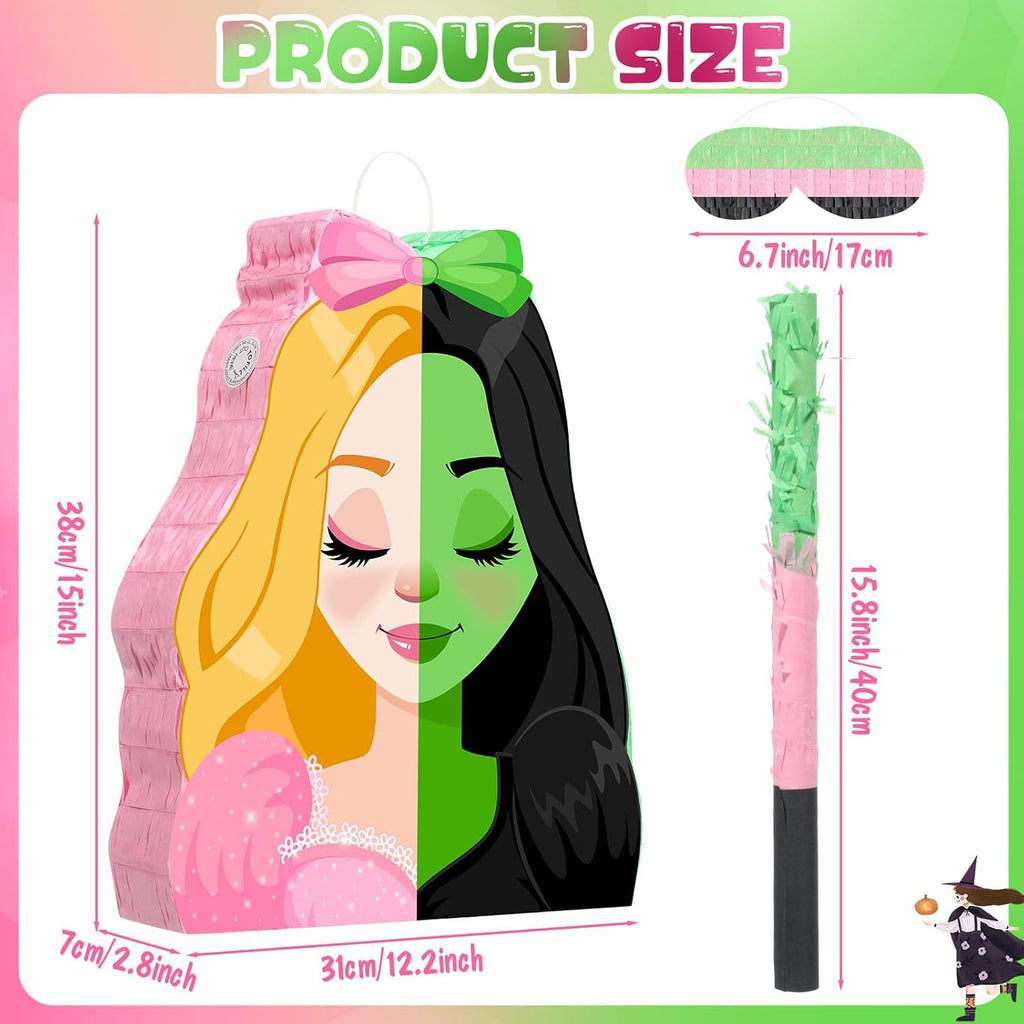 Kasyat Witch Princess Piñata Party Game Set Halloween Witch Piñata with Bat Stick Blindfold Pink Green and Black Party Decor for Halloween Birthday Baby Shower Game Supplies Decor (Movie)