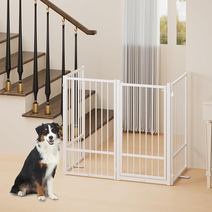 Full Metal Freestanding Dog Gate with Door, 36''Height Foldable Pet Dog Fence for Indoor & Outdoor, 4 Panels Extra Wide Free Standing TallDog Gates for Doorways,House,Stairs,Porch,Deck,Yard-PawvioPets