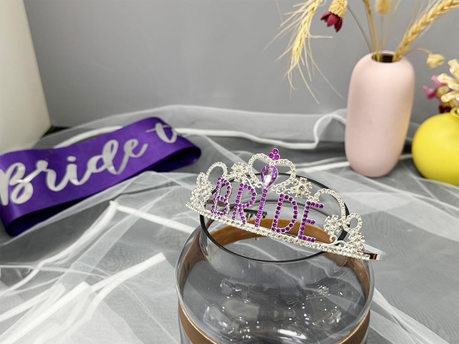 JETKONG 3 Pcs Bachelorette Party Decorations "BRIDE" Crown, Bride to Be Sash&Veil for Women Bachelorette Party Gifts, Bridal Shower Supplies, Gifts, Favors (Purple)